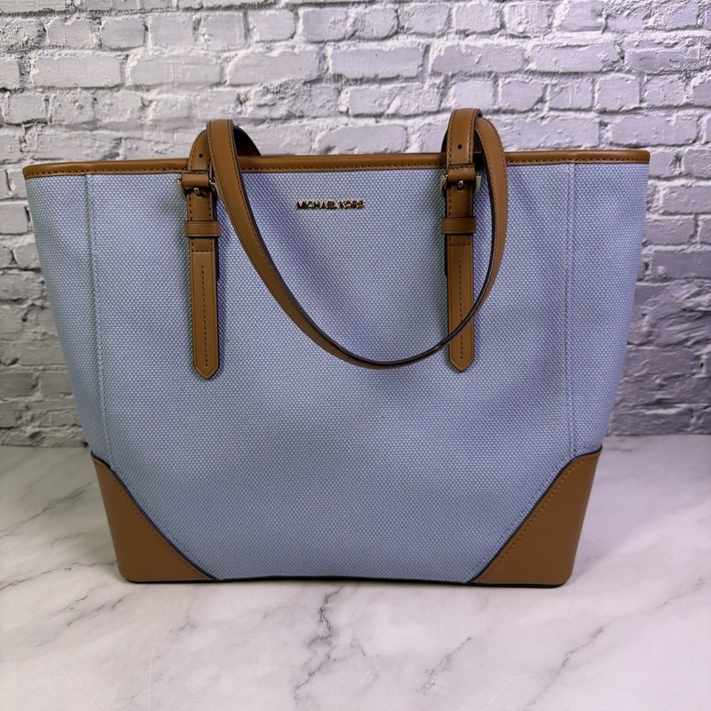 NEW Michael Kors Aria Large Tote Pale Blue & Brown Leather NWT